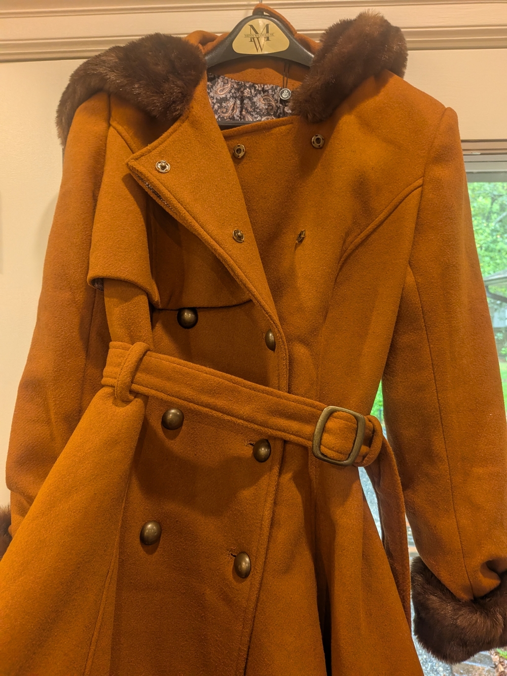 Women's Rust Brown Belted Wool-Blend Coat with Faux Fur Trim